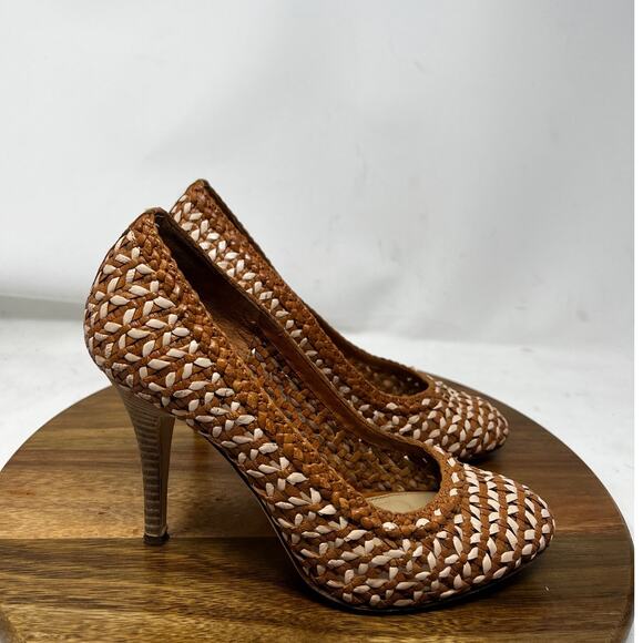 J. Crew Pumps Mona Dreamweaver Brown White‎ Woven Leather Stiletto Heel Size 8 - Picture 1 of 9